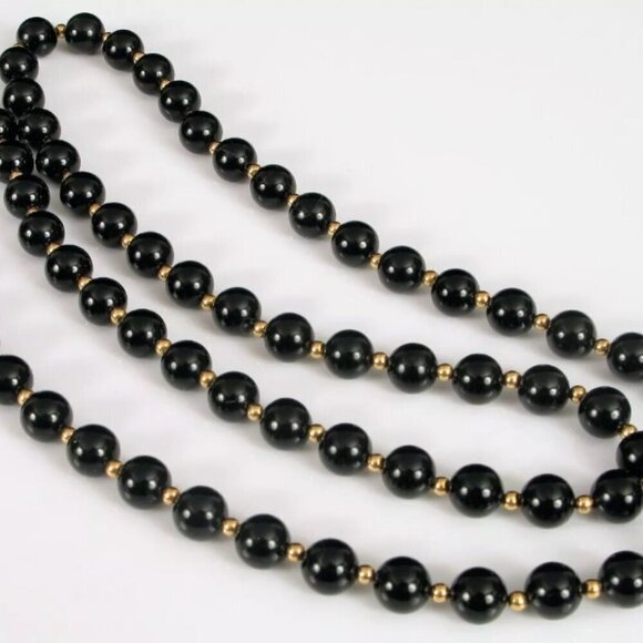 VICTORIAN BLACK ONYX &14K Yellow GOLD Beaded STRAND Necklace Antique f/ 1800's - Picture 2 of 8
